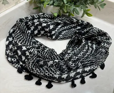 J.CREW 100% Silk Black & White Twisted Infinity Scarf With Tassels • $8