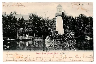 Detroit Michigan PALMER PARK Lighthouse In Pond Vintage 1905 MI Postcard • $3.95