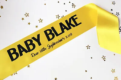 NEW Baby Name Due Date Personalised Baby Shower Sash Yellow Gender Neutral Gift • £4.95