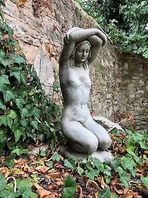 Naked Bathing Lady Stone Garden Ornament Girl Statue Kneeling Arms Over Head  • £65