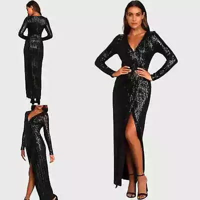 Lulus Maxi Dress Sequin Black Slit Party Prom Evening NWT • $26.79