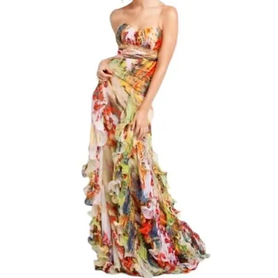 Jovani Strapless Colorful Printed Abstract Metallic Beaded Ruffle Maxi Dress • $179