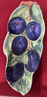 Vintage Majolica Purple Plums Fruit Green Leaves Plate Bow Made In Italy  • $32