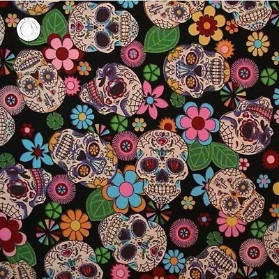 Retro Mexican Style Floral & Skulls Fabric - 100% Cotton Black 1 Meter • £7