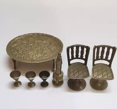 Miniature Ornate Dollhouse Chair Table Brass Dining Furniture & Coffee Tea Set • $17.59