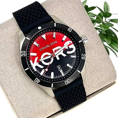 MICHAEL KORS Layton Men's Red Dial Date Black Silicone Watch MK8892; 100% Auth. • $79.99