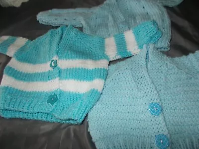 Baby Cardigans Hand Knitted 0/3 Blue 3 In Total • £3.50