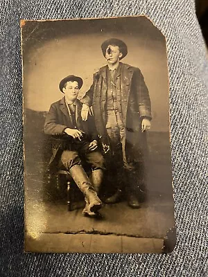 Antique Tintype Two Cowboys Cigar Smoking Long Coat Outlaw Buckaroos Boots Hats • $80