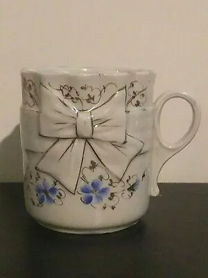 Vtg Porcelain Mustache Cup Shaving Mug Hand Painted Forget Me Not 3D Bow Gold • $19.99