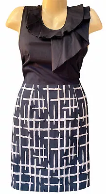 Max & Cleo Women's Dress Sz 10 Pencil Black Sleeveless Tan Geometric Ruffle Knee • $13.99