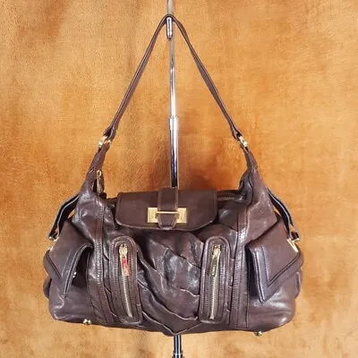 $72.77 • Buy TREESJE Handbag Brown Leather MARSEILLES Slouchy Gold Hardware Shoulder Bag