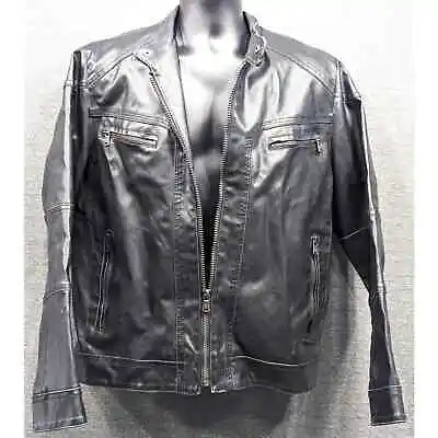 CALVIN KLEIN Mens Moto Jacket - Black Faux Leather Motorcycle Biker Zip L • $45.99