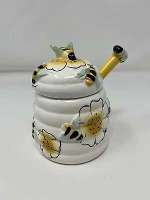 Vintage 4.5  Hand Painted Ceramic Honey Pot Floral Bee W Dipper Yellow Green EUC • $19.97