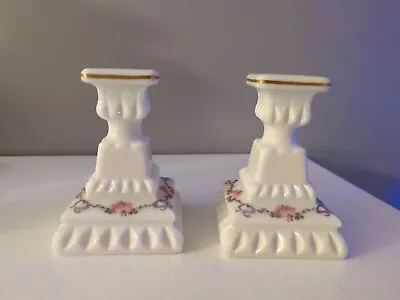 Vintage Pair Westmoreland Hand-Painted Roses & Bows Milk Glass Candlesticks 4.5  • $23.95