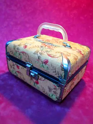 Vintage Train Case Tapestry Vanity Suitcase Sewing Box Floral Lucite Handle • $19.34