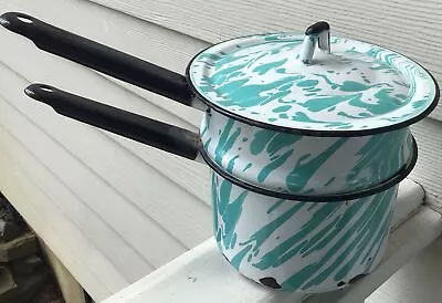 Vintage Graniteware Enamelware Robin Egg Blue & White Swirl Double Boiler • $19.99