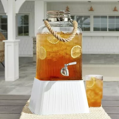 Home Garden Ribbed Glass Beverage Dispenser With Wooden Lid 2-Gallon • $19.94