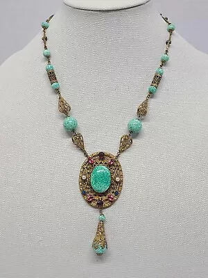 Vintage Czech Neiger? Green Mottled Glass Genuine Pearl Brass Lavalier Necklace • $425