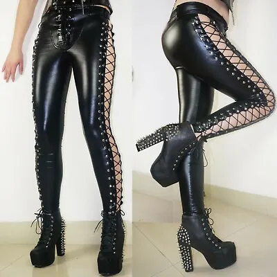 Dominatrix Faux Leather Shiny Wet Look Hollow Side String Leggings Women Pants • $29.99