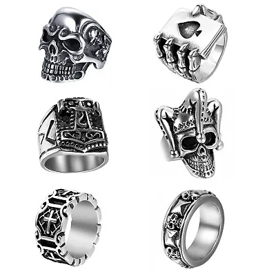 Men's Vintage Biker Stainless Steel Skeleton Skull Cross Prayer Punk Gothic Ring • $9.99