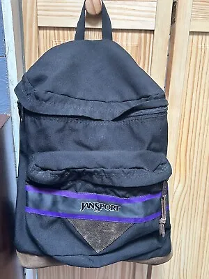 Vintage JanSport Leather Bottom Backpack USA Made Black  2 Compartments • $55