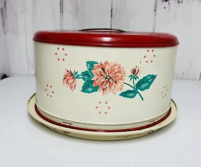$19.95 • Buy Vintage Metal Cake Cover Carrier Round Floral Flowers Red Top Off White