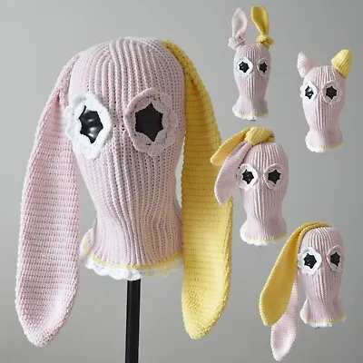 Custom Pink Bunny Crochet Balaclava Knit Cute Hat Two Holes Ski Mask With Ears • $120.75