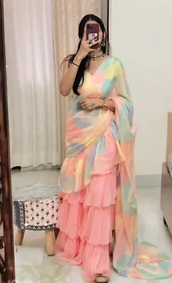 $50.09 • Buy Indian Festial Season Faux Georgette Fullflair & Lace Work Lehenga Saree LG-538