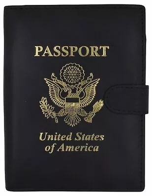Leather Black Passport Holder Cover Case Wallet USA Embedded Logo Travel U.S Wal • $12.99