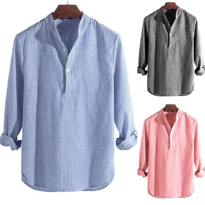 Mens Casual Striped Shirt Long Sleeve Collarless Pullover Blouse Tops Cotton T ❀ • $17.82