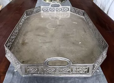 Vintage Metal Silver Plated Serving Tray Etched India Footed 23”x18” Large 1999 • $500