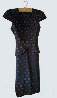 £9.99 • Buy Dorothy Perkins Peplum Dress Black & Pink Bow Print Vintage Style UK 12