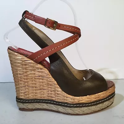 $124.99 • Buy PALOMA BARCELO Platform Leather WIcker Wedge Sandals 38 Olive/Brown Ankle Strap