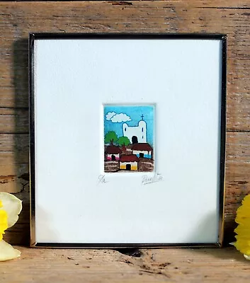 Pueblo With White Church Landscape Hand Tinted Etching Handmade Mexican Folk Art • $34