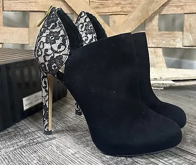 VICTORIA’S SECRET Angle Bootie Stiletto Heels Size 6.5 Black Suede Lace Boot • $13.56