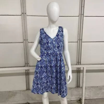 MILLY Floral Sateen Fit & Flare Dress Women's Size 12 Blue/White • $20