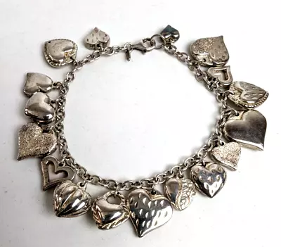 Vintage Jacmel Mauritius JCM Sterling Silver 925 17 Puffy Heart Charm Bracelet • $79