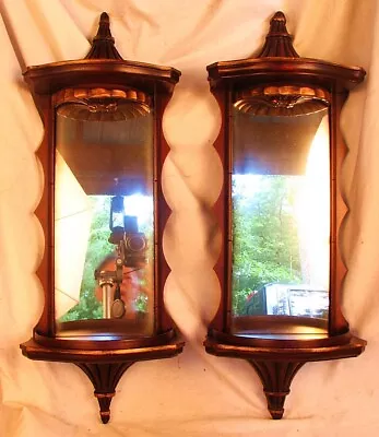 ANTIQUE MIRRORED SHELVES CARVED SHELLS MAHOGANY PAIR 25  TALL C.1920'S • $1025.78