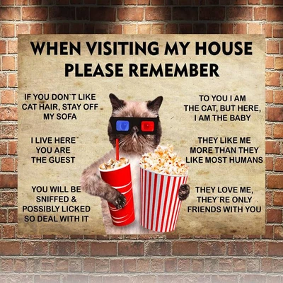 £5.09 • Buy Funny Cat Home House Rules Friends Metal Wall Sign Cafe Kitchen Bar Pub Man Cave