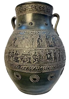 Vintage Grecian Urn 12h X 9w Dark Green Terra Cotta Pottery Vase Figural Greece • $44.50