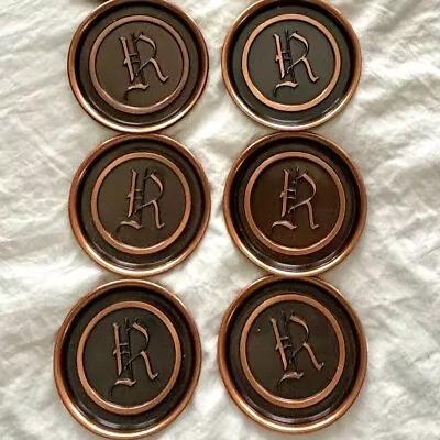 Set 6 Hyde Park Copper Metal Bronze Coasters Monogram Letter Initial R Vintage • $21.99