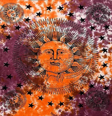 #017  Celestial  Sun Moon Stars Orange Purple Tie Dye  Tapestry Hippie 54 X 60 • $12.99