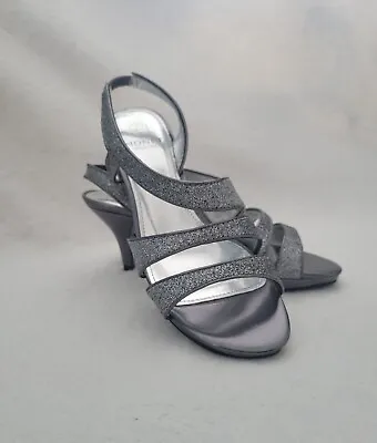 Sparkly Silver Glitter Strappy Heels Monet Glinda Sz 6 M Elastic Strap Closure • £17.10