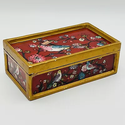 Wooden Jewelry Keepsake Trinket Box Ornate Hand Painted Birds Toucan Flowers • $12.99