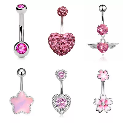 Stainless Steel Pink Crystal Belly Button Rings Piercing Bar Navel Dangle Body • $7.95