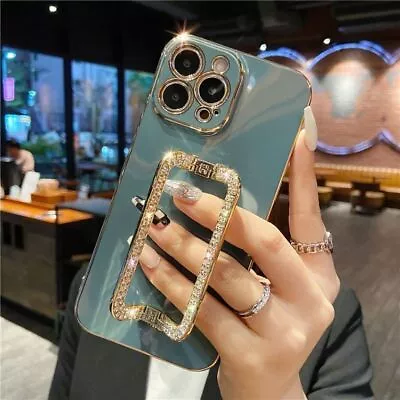 Phone Case Korea 3D Crystal Square Holder Gold Plating For IPhone 14 Pro Cover • $20.35