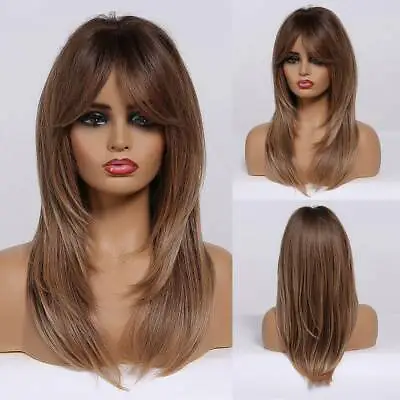 Hairpiece Long Dark Root Ombre Hair Wigs With Bangs For Women Highlights Blonde • £18.82