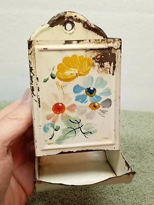 Vintage TIN MATCH BOX HOLDER STICK MATCHES FLOWERS WHITE  • $29.99