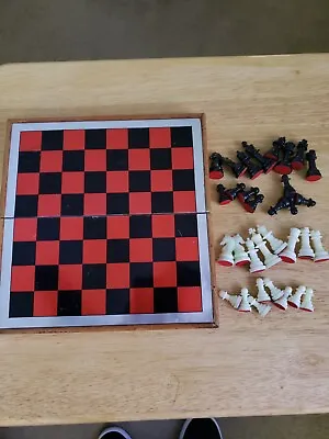 Vintage Wooden 8  Magnetic Folding Chess Board Set Complete • $10