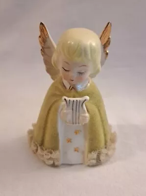 Vintage Green Flocked Christmas Caroling Angel With Harp Figurine Lace Trim  • $12.99